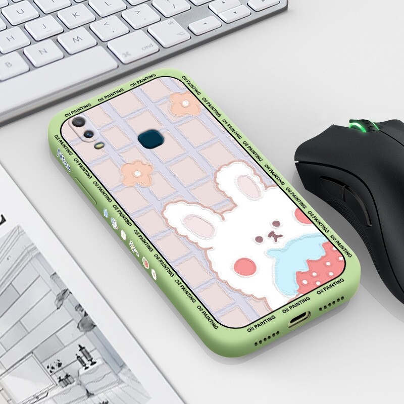 For vivo Y11 2019 Y12 Y12S Y20 Y20s Y20i Y20A Y20G Case with Cute cartoon oil painting rabbit bear Shockproof soft thin Back Cover Liquid Silicone Pattern Camera Full Lens protector casing