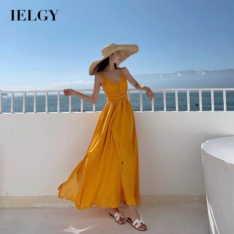 IELGY Solid color Fashion Vacation Yellow Suspenders Woman's dress Long Chiffon Beach Travel