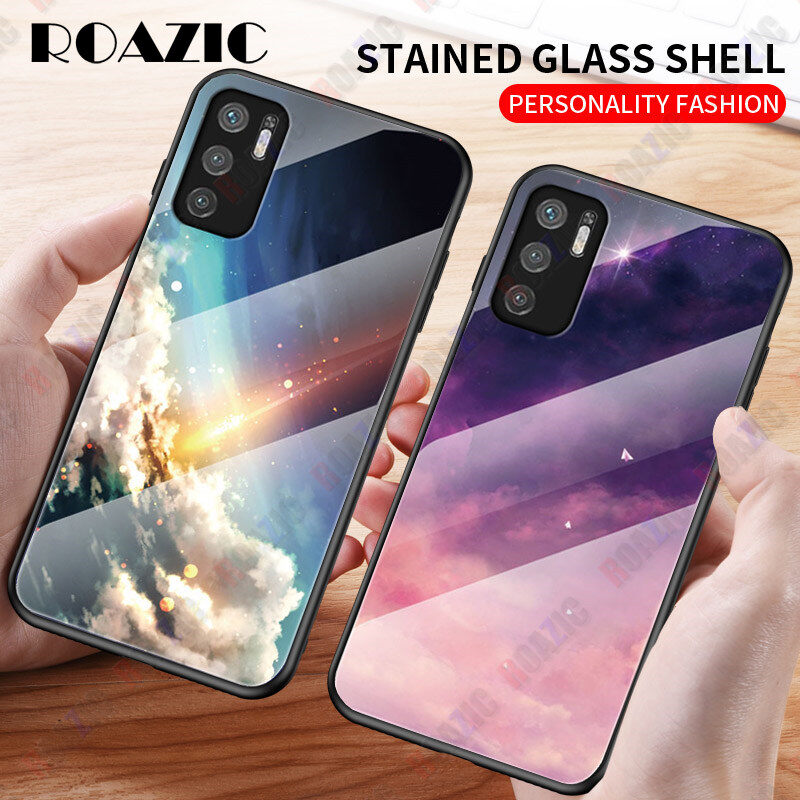 ROAZIC For Xiaomi Redmi Note 10 5G Note 10 4G Note 10S Note 10 Pro Note 10 Pro Max Phone Case Starry Sky Hard Tempered Glass Casing Soft TPU Edge Protection Back Cover