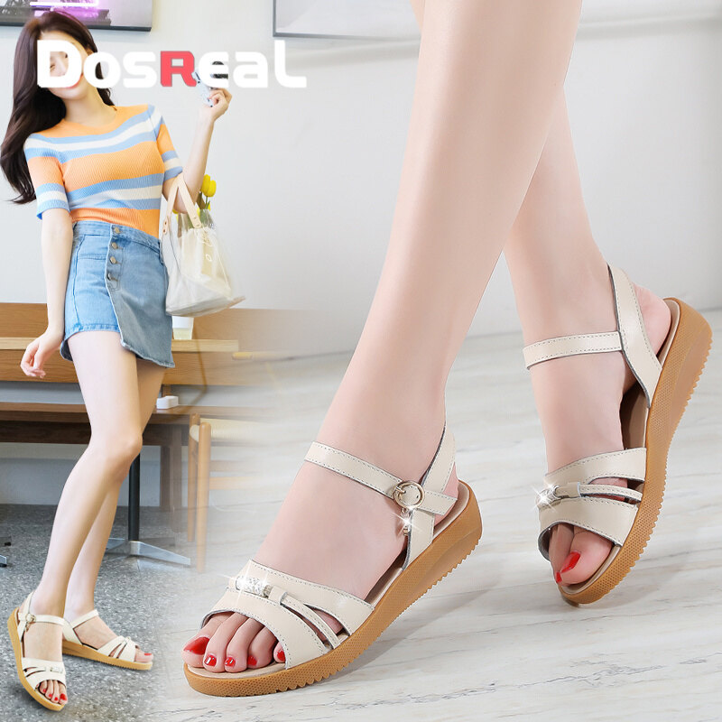 DOSREAL Korean Sandals Women Leather Shoes Breathable Soft Sole Beach Sandals Flats Casual White Platform Shoes For Women