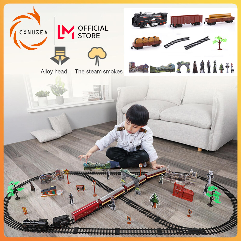 CONUSEA Battery Operated Railway Classical Freight Train Locomotive Playset Simulation Model Electric Train Toys