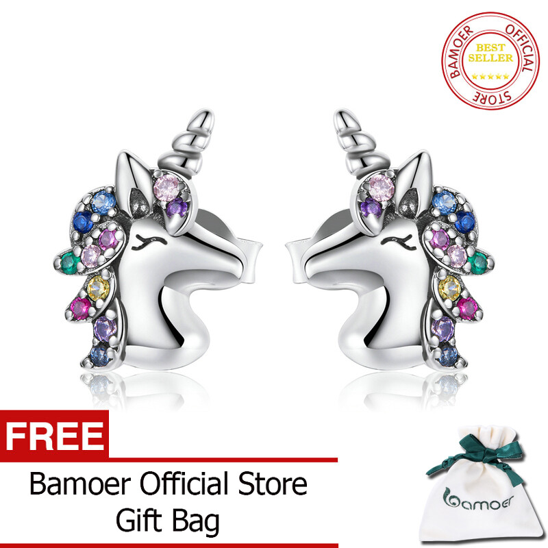 BAMOER Silver Sharp Horned Horse Rainbow Colorful Zircon Unicorn Earrings 925 Sterling Silver for Women Jewelry BSE496