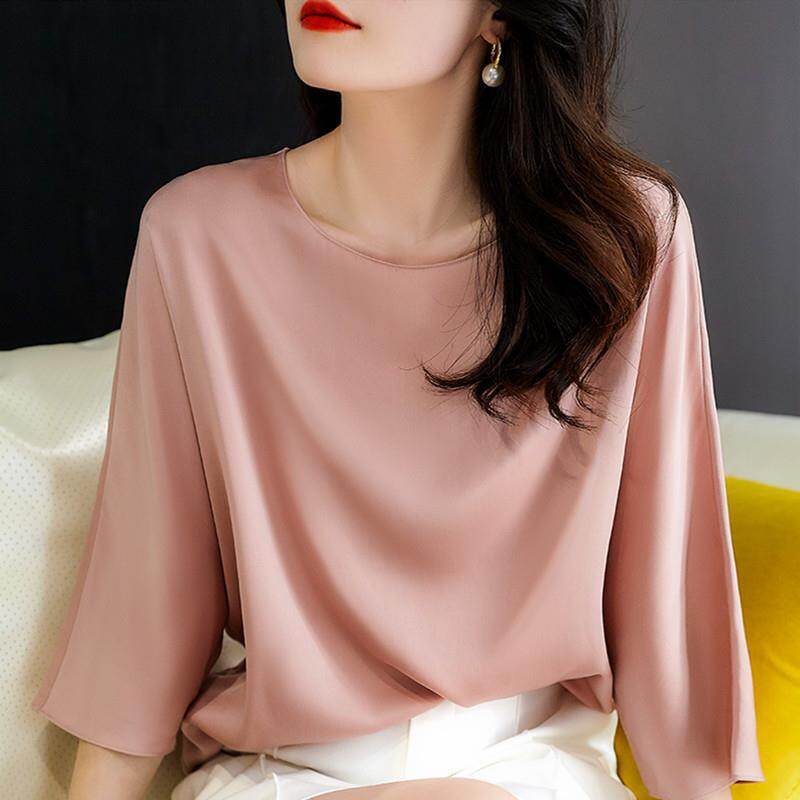 Alisa Sonya Women Satin Blouse Elegant Loose Fit 6 Solid Color Round Neck 3/4 Sleeve Silky Blouse Tops