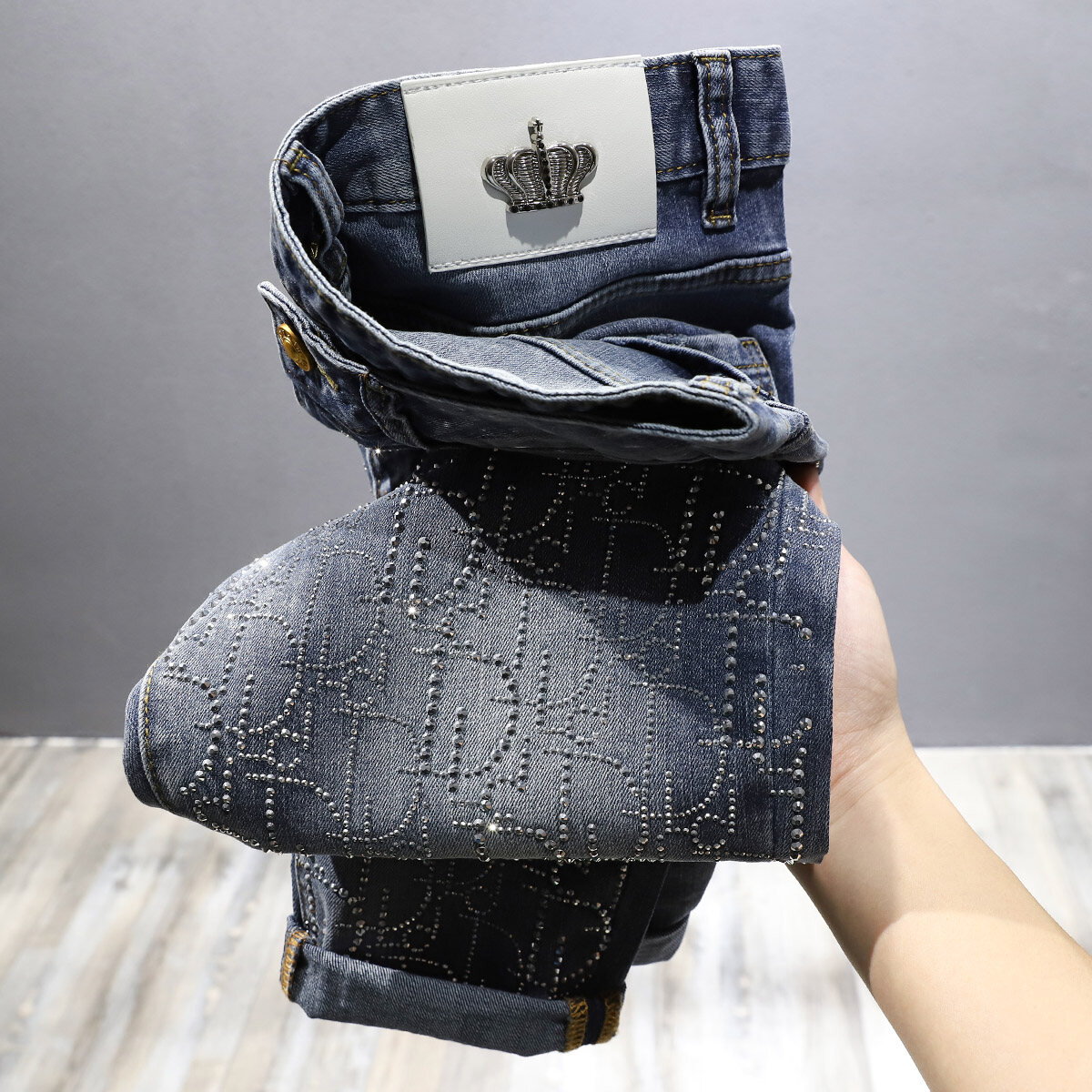 High quality European station hot diamond jeans men's fashion heavy craft handsome fashion fashion slim Leggings