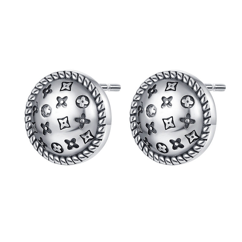 925 Sterling Silver Old Bone Flower Pattern Round Earrings Europe and The United States Earrings