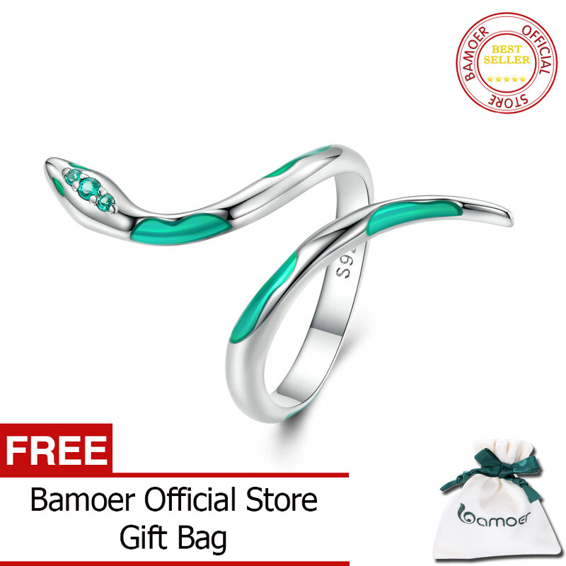 BAMOER Authentic 925 Sterling Silver Green Snake Opening Ring Adjustable ring for Women BSR328