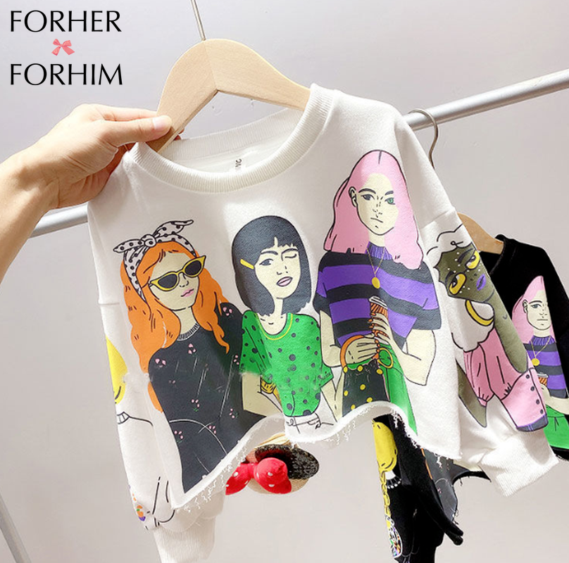 FORHER FORHIM Girls Short Long Sleeve Sweater Fashion Personality Beauty Pattern Top Korean Pullover T FH2767