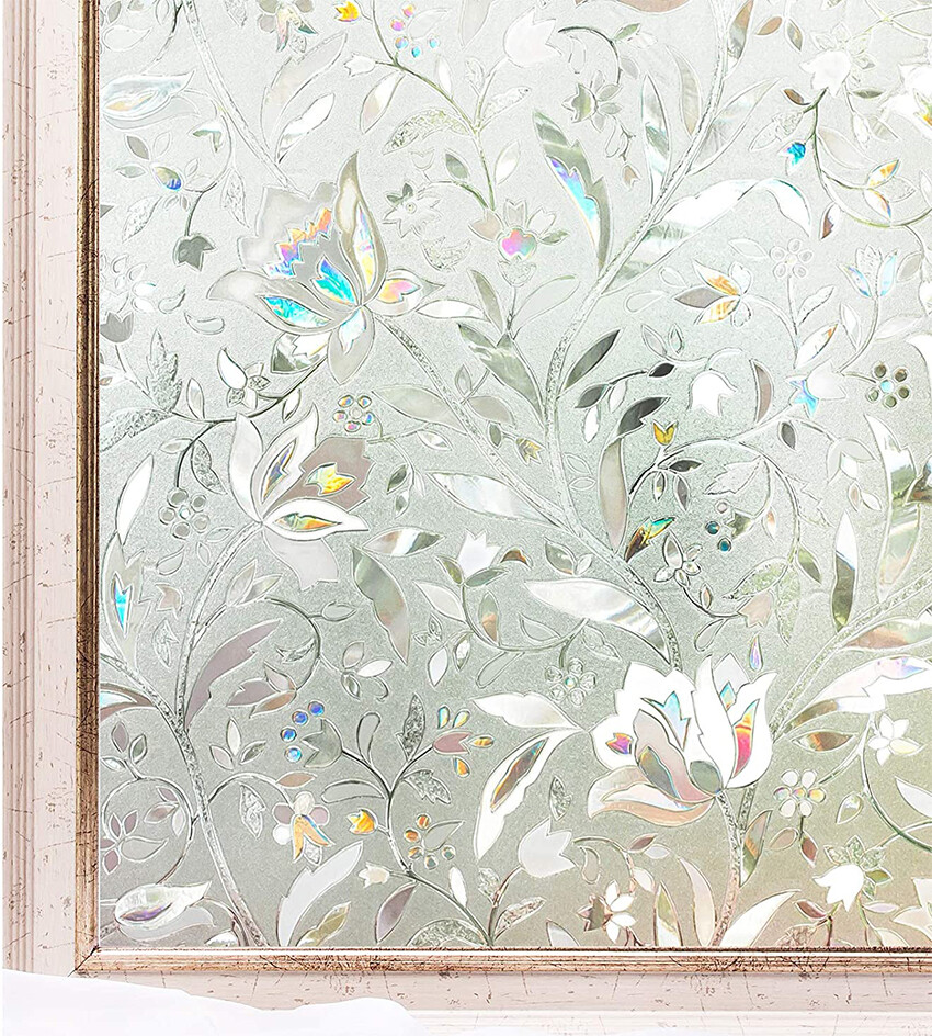 Privacy Window Film Tulip Flower No-Glue 3D Static Cling Stained Glass Window Decals for UV Blocking Heat Control Decorative Glass Sticker