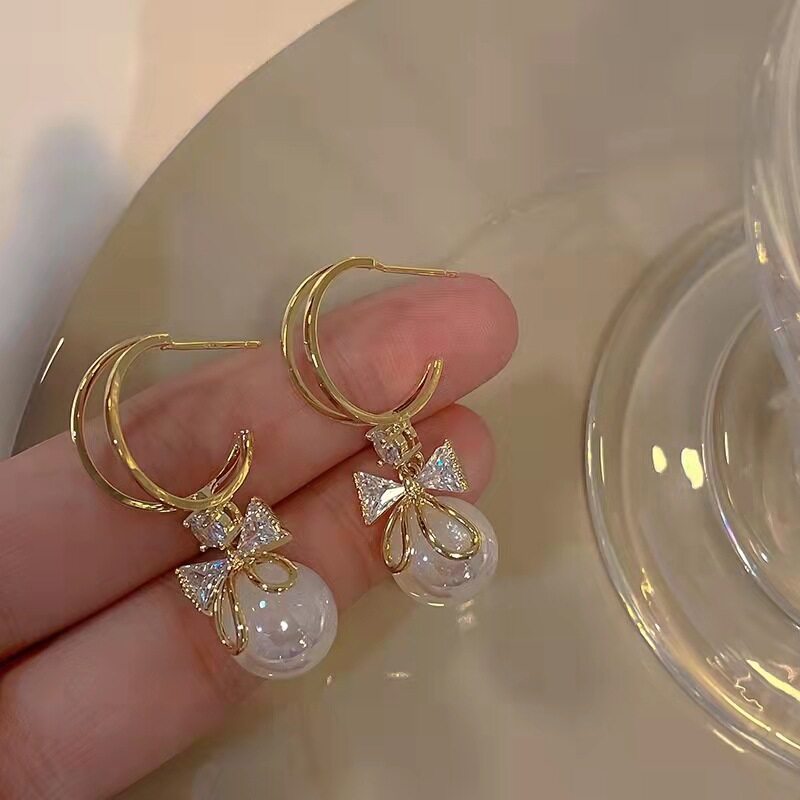 Bông Tai Mặt Hình Nơ Đính Đá Zircon Pha Lê Xu Hướng Thời Trang Cho Nữ Bông Tai Lủng Lẳng Giả Ngọc Trai Dự Tiệc Cho Nữ Trang Sức Bán Buôn Sang Trọng