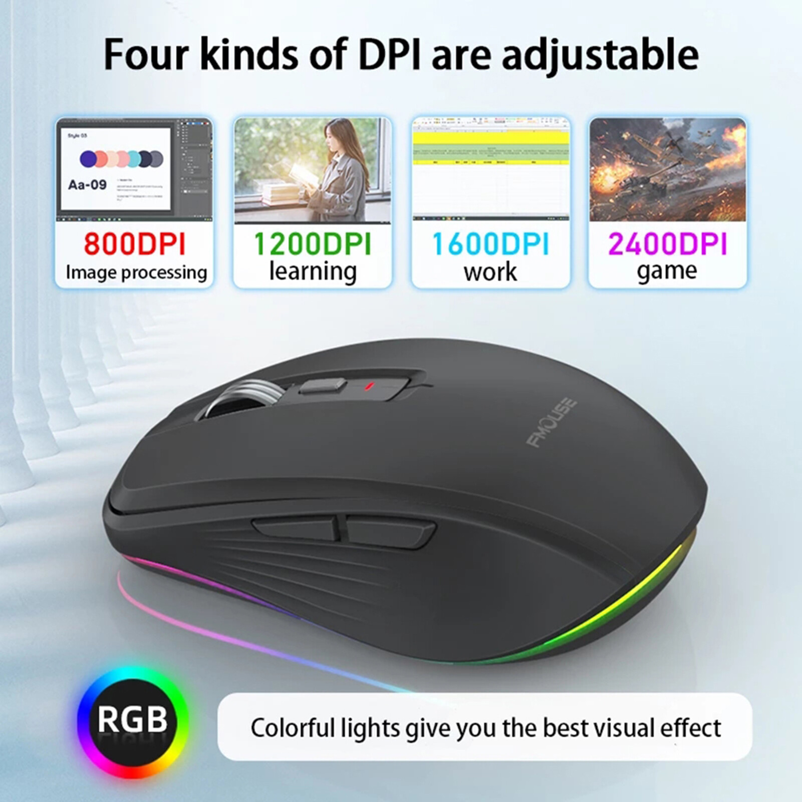 FMOUSE 2.4G+BT5.1 Dual-mode Wireless Mouse Computer Gaming Mice Ergonomic Design 4-gear Adjustable DPI Built-in Rechargeable Battery for Laptop