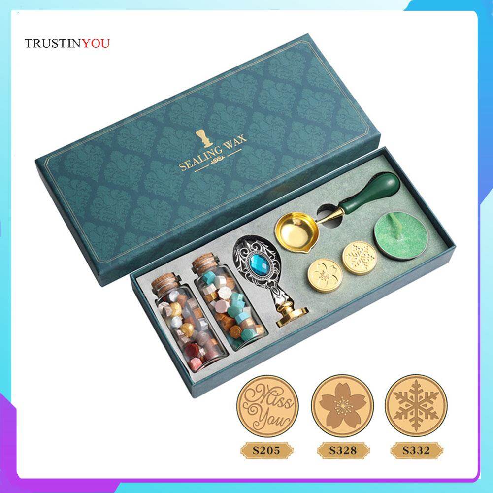 Vintage Lacquer Seal Set Wax Stamp Gift Box Envelope Sealing Wax Beads Art