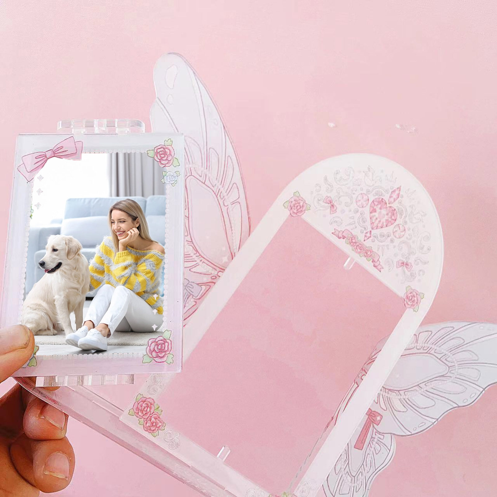 Cerdars double sides exquisite pattern bright color rotating creative photo frame butterfly display stand photo frame desktop decoration supplier photocard side stand up display