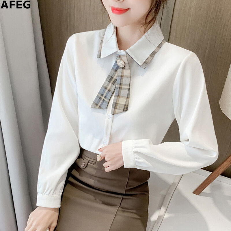 AFEG new Korean shirt collar bowknot fashion loose wild chiffon long sleeve blouse for women
