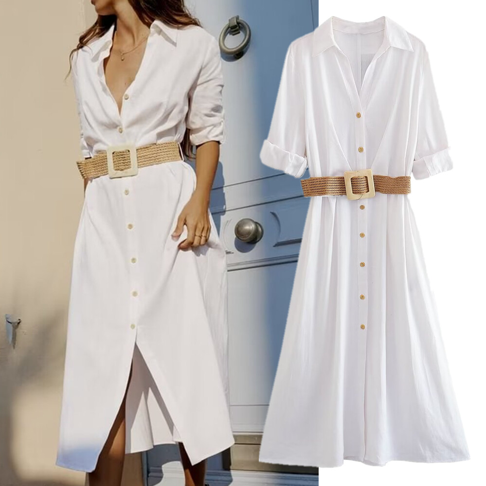 Jenny&Dave British Fashion Ladies Commuter Casual White Dress With Belt White Elegant Office Casual Midi Dress Women