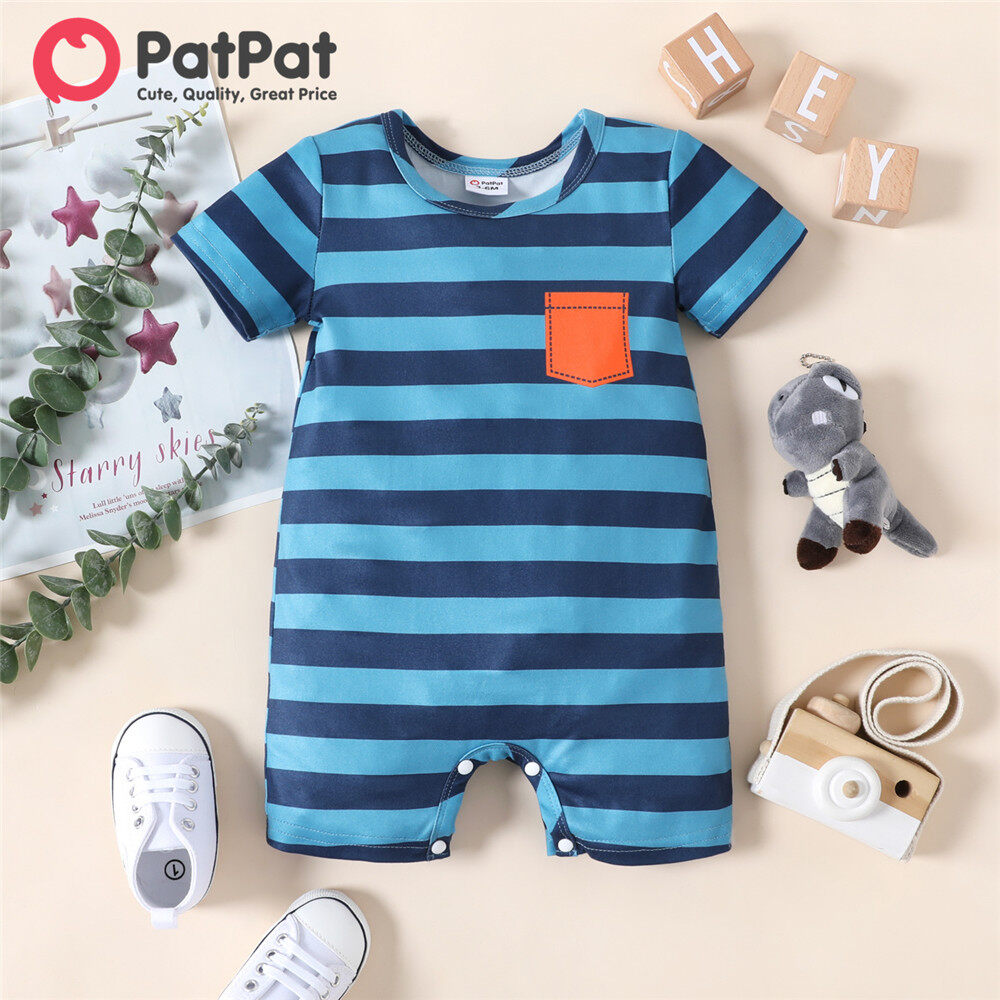 PatPat Baby Boy Clothes Stripe Dinosaur Print Short-sleeve Romper Jumpsuit
