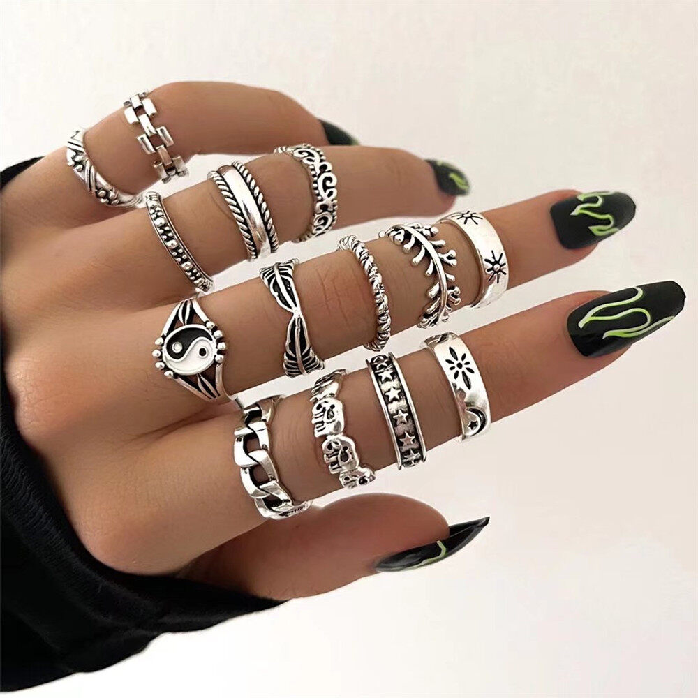 sanhe 14 Piece Ladies Ring Personality Retro Trendy Yin and Yang Embossed Elephant Geometric Ring Set
