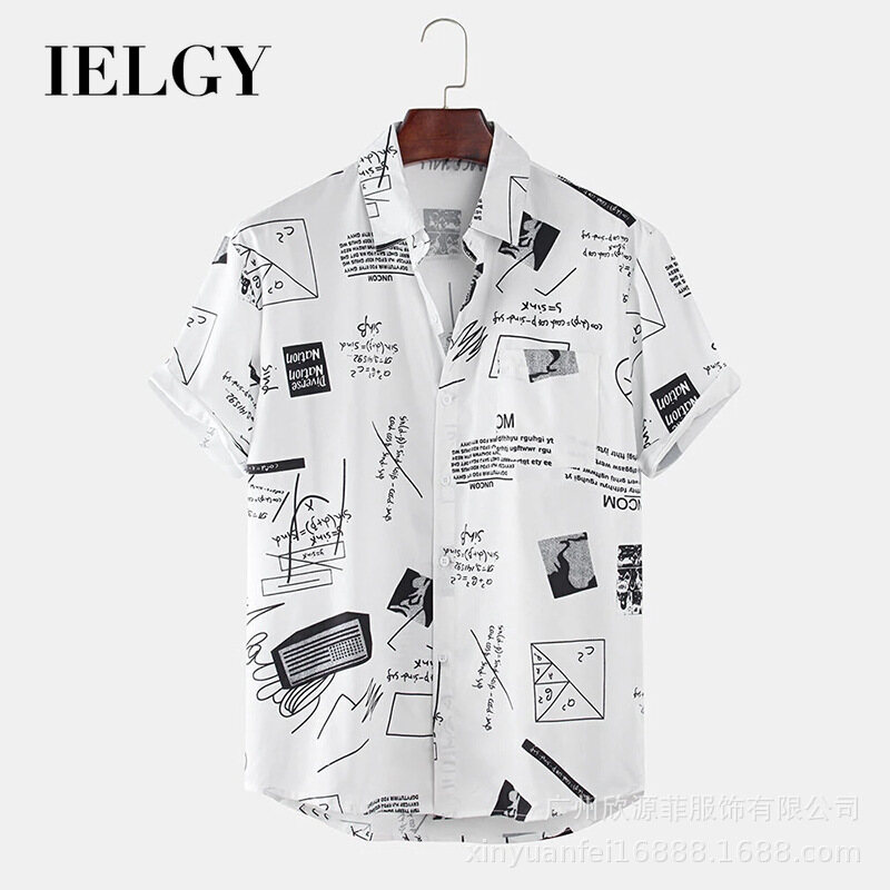 Ielgy áo sơ mi nam , áo sơ mi ngắn tay in hình thời trang bãi biển hawaii