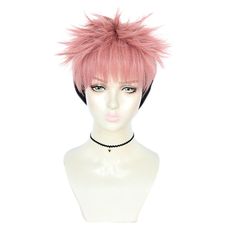 Anime Jujutsu Kaisen Ryomen Sukuna Cosplay Wig Itadori Yuji Black Pink Wig Curly Short Hair Rose Net Wig Cap Matte High-Temperature Synthetic Wig