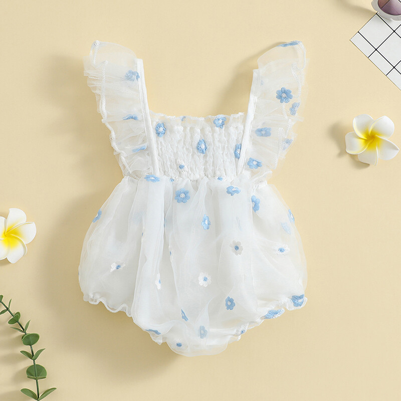 Baby Girl Romper, Fly Sleeve Square Neck Floral Embroidery Tulle Summer Short Jumpsuit