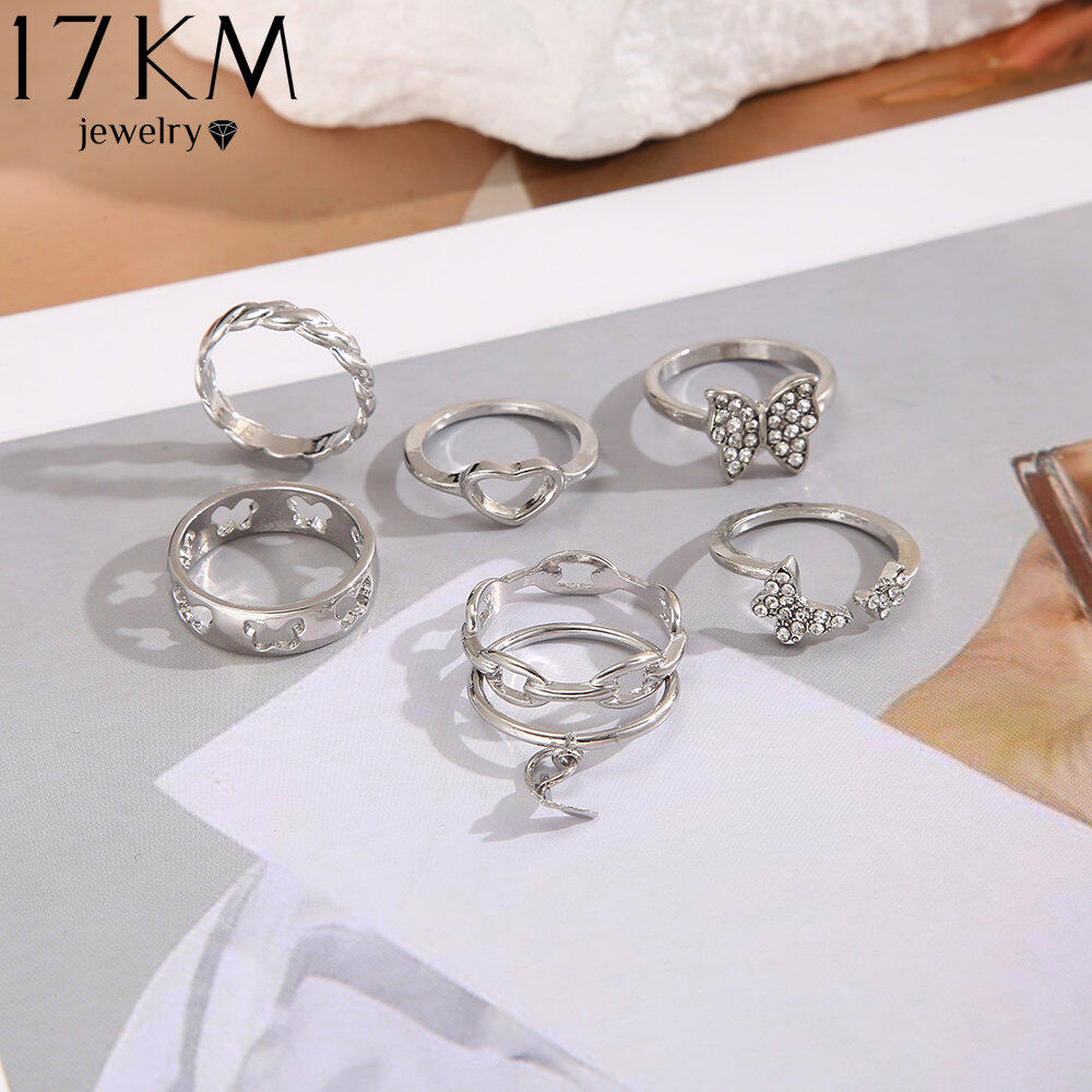 17km màu bạc Zircon Nhẫn Bướm thiết lập cho phụ nữ cô gái thời trang mới cổ điển Nhẫn có hình trái tim nữ Phụ kiện trang sức quà tặng