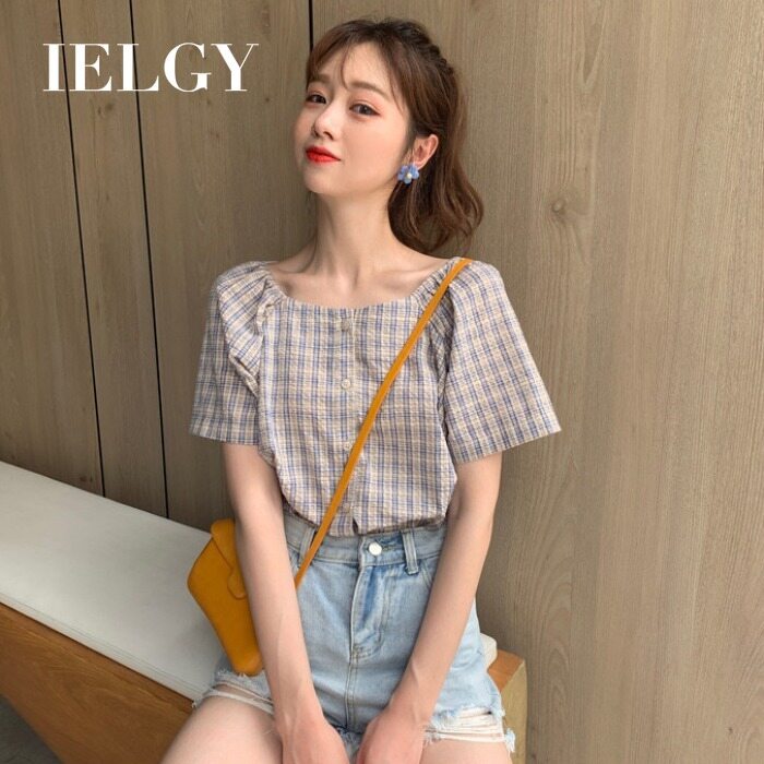 IELGY Women's short-sleeved plaid shirt Korean style small fresh loose square collar western French retro blouse