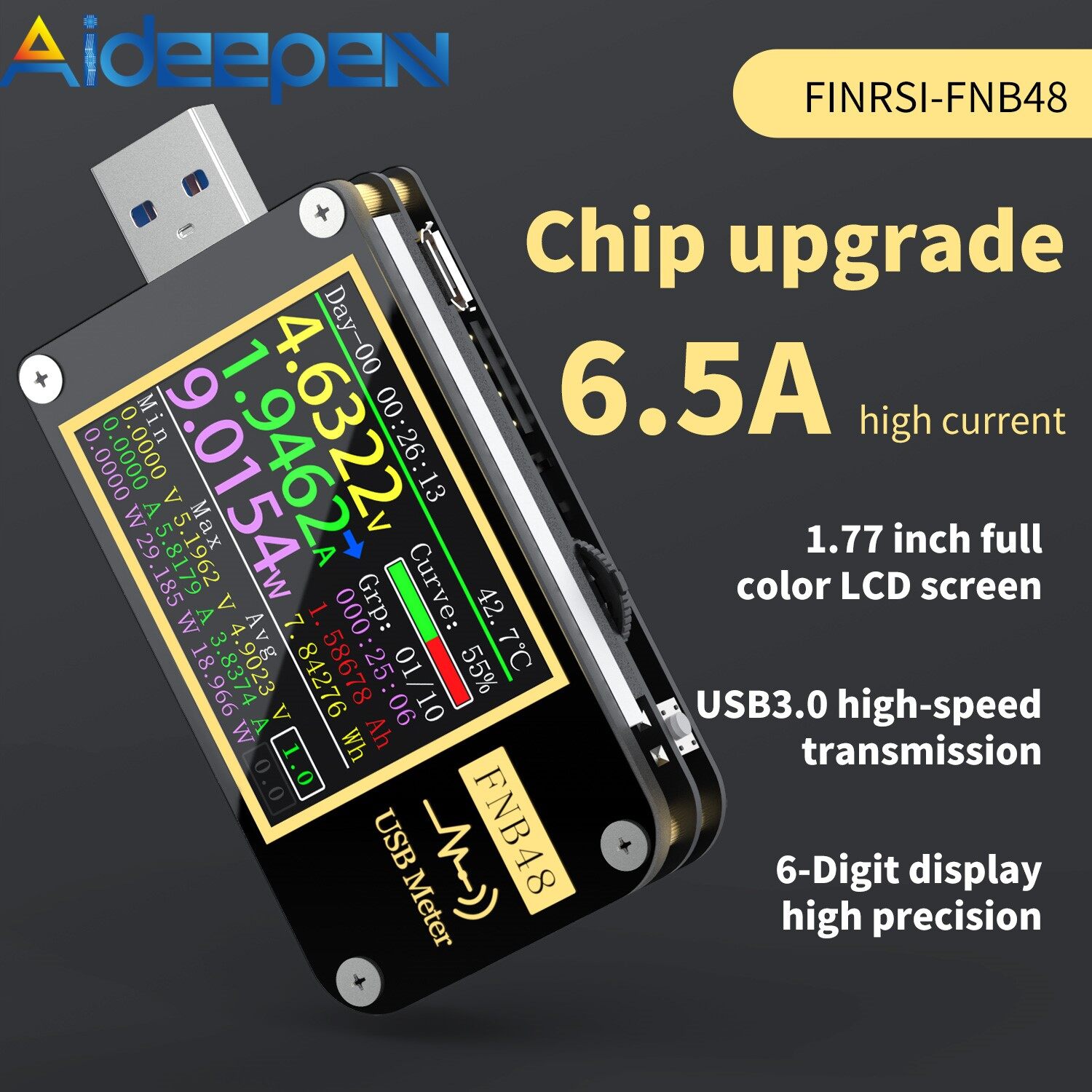 Aideepen usb voltage and current meter multi-function fast charge tester, fnirsi-fnb48s ammeter and voltmeter, qc4 + pd3.0 2.0 pps tester, fast charge protocol, capacity test