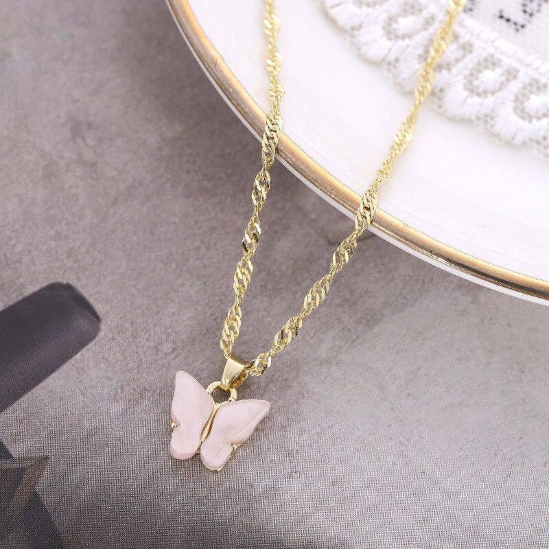 RAISS Korean Sweet Butterfly Necklace Acrylic Colored Clavicle Chain for Women Refined Chain Wholesale