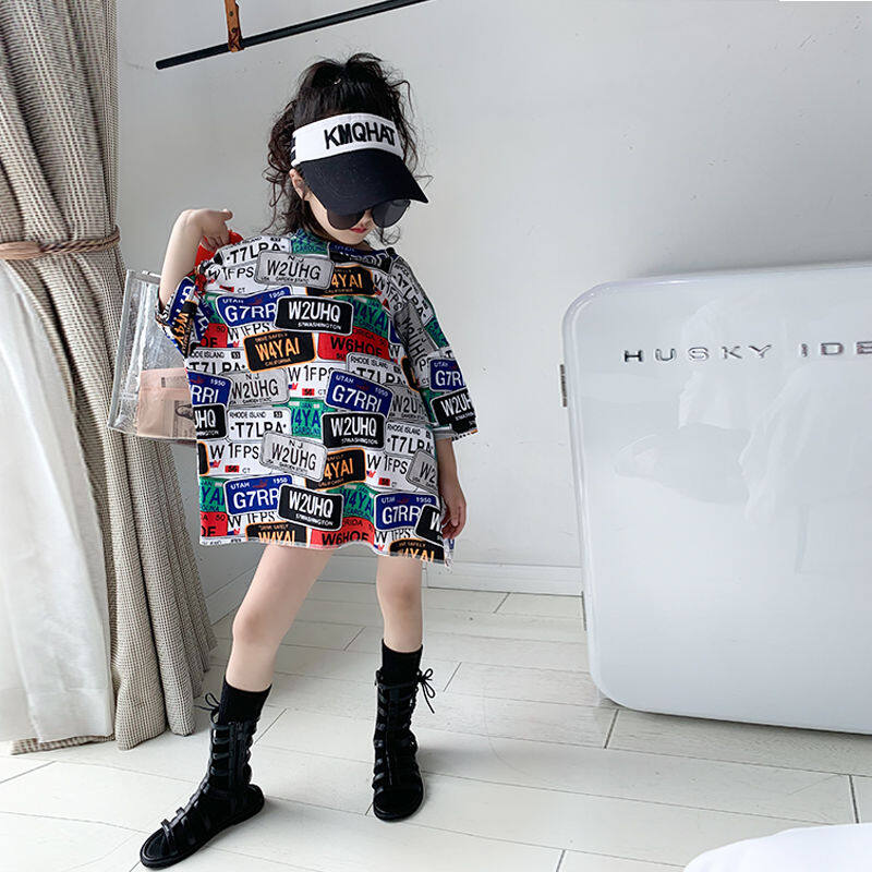 FORHER FORHIM Girls half sleeve short T-shirtEasy leisure baby 5-11 blue broken beautiful dress children's han edition letters FH1141