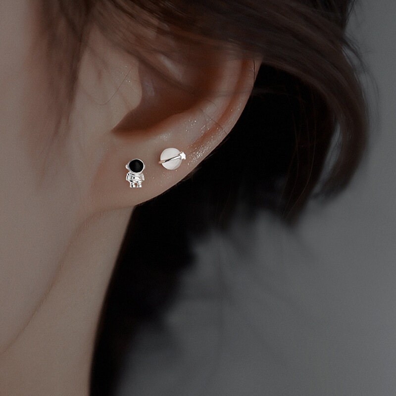 Silver Plated Female Earrings Asymmetric Cute Space Astronaut Planet Opal Stud Earrings for Women
