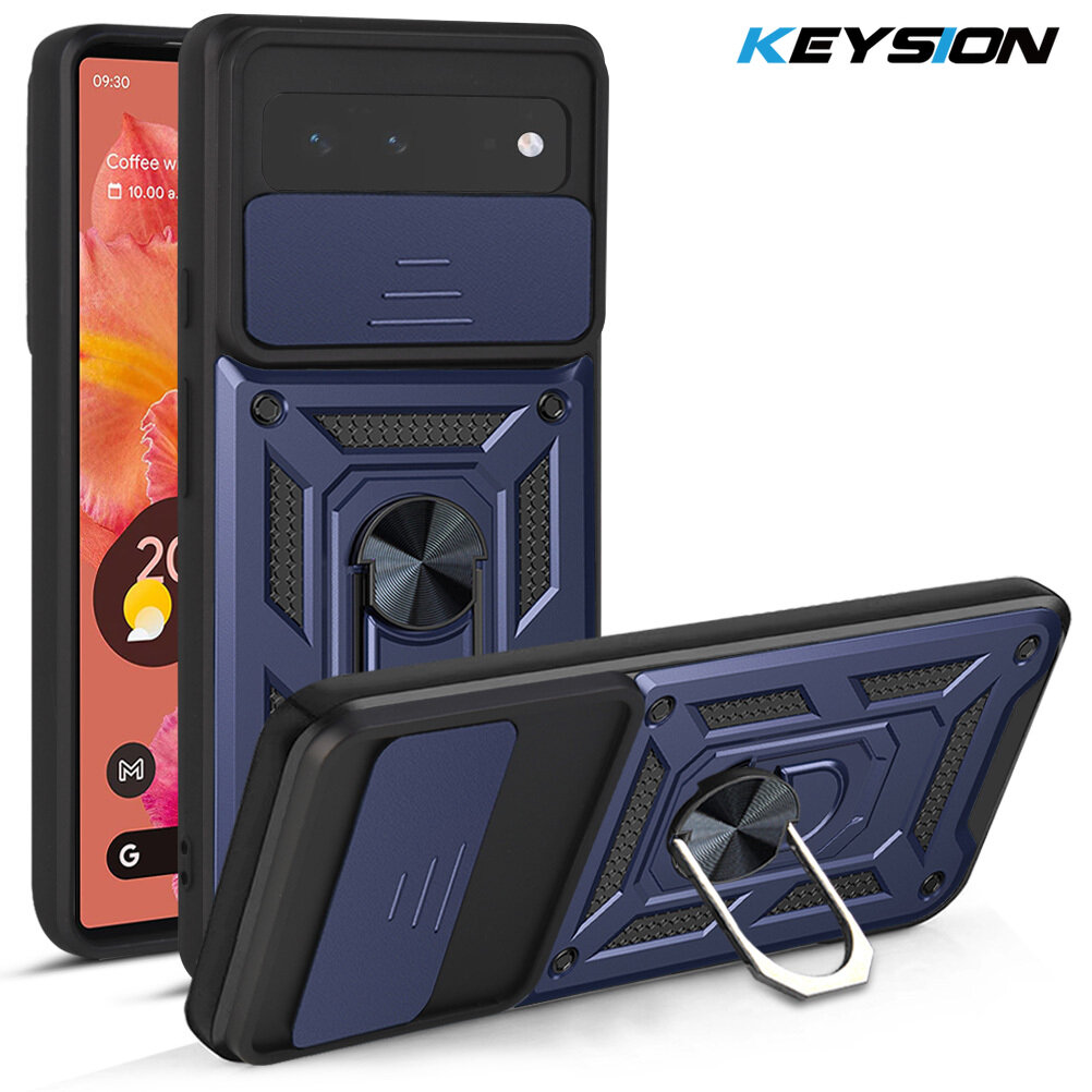 KEYSION Shockproof Case for Google Pixel 6 6 Pro Push Pull Camera Protection Ring Stand Phone Back Cover for Google Pixel 6 Pro