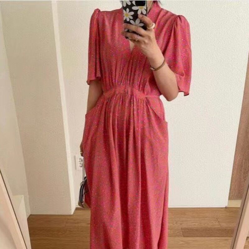 2025新款韩式连衣裙品牌 NUOVPAUL v领口袋绑带短袖碎花连衣裙女