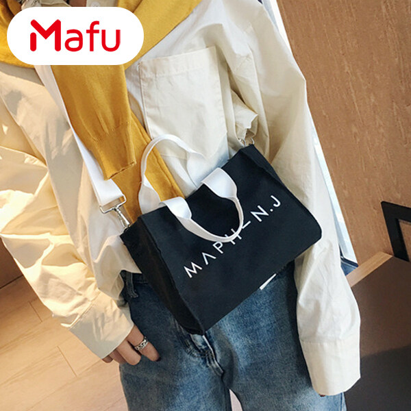 Mafu สุภาพสตรีผ้าใบกระเป๋าถือตัวอักษรที่เรียบง่ายพิมพ์กระเป๋าสะพาย Crossbody กับสายถอดได้