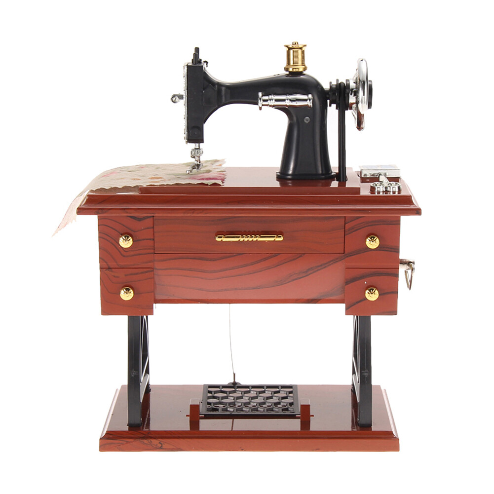 〔questionno〕Retro Wood Metal Sewing Machine Music Box Mechanical Jewelry Boxes Decor(READY STOCK & COD & LOW PRICE & HIGH QUALITY)