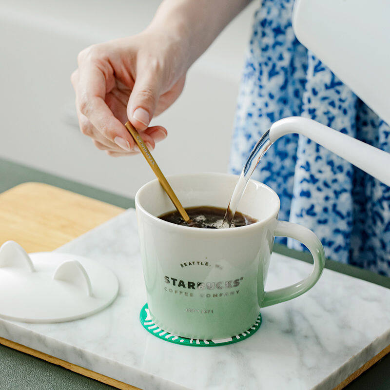 Cốc Gốm Starbuck Cốc Màu Xanh Lá Macaron Chuyển Màu 345Ml Có Thìa Nắp Cốc Để Bàn, Cốc Nước