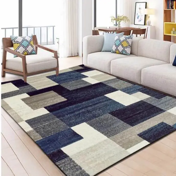 Living Room Carpet Modern Minimalist Coffee Table Blanket Bedroom Full Carpet Light Luxury Geometric Square Pattern Blue Gray Background Lazada