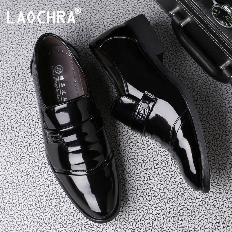 Laochra casual men shoes leather business shoes for men slip on black office shoes men