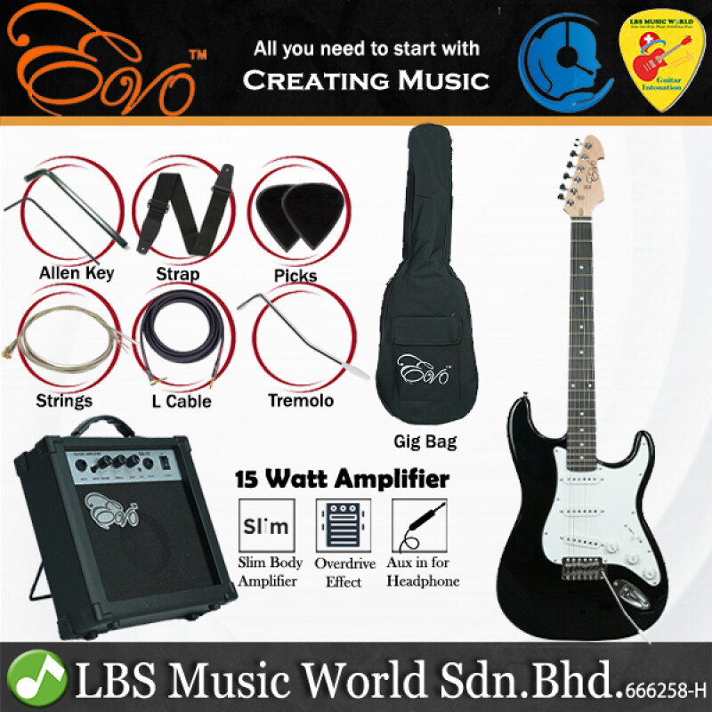 Evo X-1-BK Stratocaster Electric Guitar Linden Wood Body with Tremolo 15 Watt Amplifier Package Black (X1 BK) Malaysia