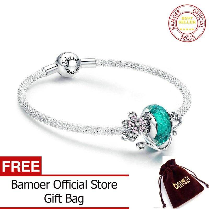 BAMOER Authentic 925 Sterling Silver Daisy Flower Green Glass Beads Strand Charms Bracelets for Women 925 Silver Jewelry SCB822 Dec