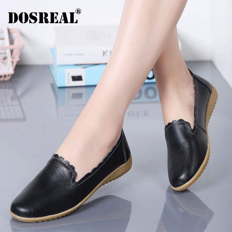DOSREAL Leather Flat Shoes Women Korean Style Women White Shoes Flats Soft Sole Loafers For Women Shoes Ladies Boat Shoes Big Size 41