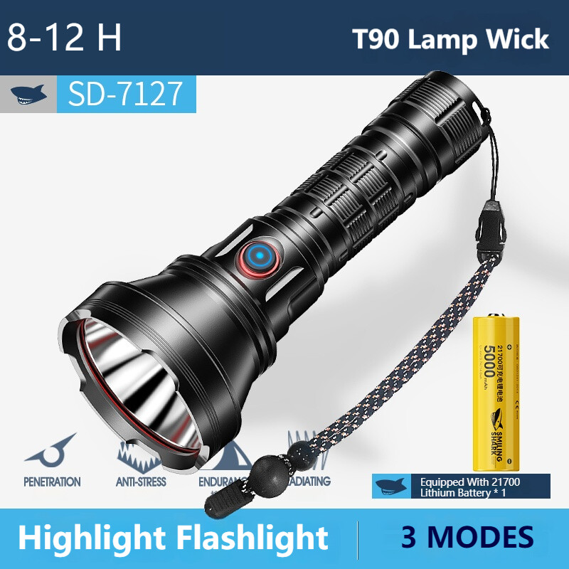 Smiling Shark Original flashlight SD7127Super bright Torch light Rechargable LED USB fast charge Walking Camping Fishing T90 High Lumen