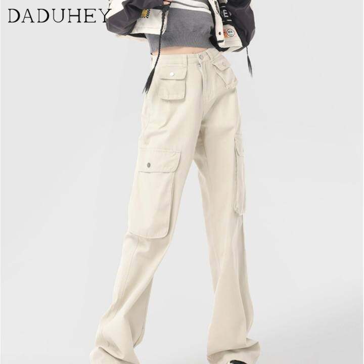 Daduhey phong cách Mỹ Quần Túi Hộp quần yếm ống rộng thường ngày hoài cổ quần bò lau cạp cao dáng ôm đa năng mùa xuân và mùa hè HOT GIRL cho nữ