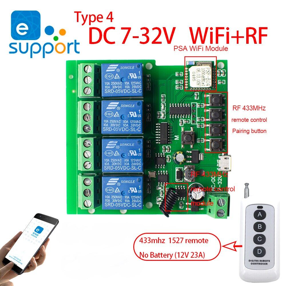 [Hot K] eweLink Smart Remote Control Wireless WiFi Switch Module 4CH DC/AC 7V-32V 5V 85V 220V 250V RF Receiver 10A Relay For Alexa IFTTT