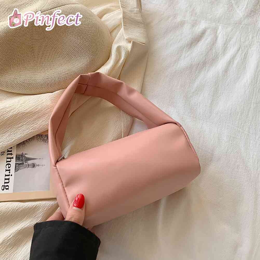 Pinfect Fashion Simple Solid Color PU Leather Handbag Women Tote Bag Casual Ladies Cylinder Handbags Clutch Bag
