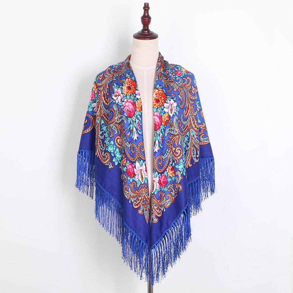 Berylshop High End Women Lady Muslim Folk-Custom Print Tassel Square Scarf Wrap Shawl Travel Scarve