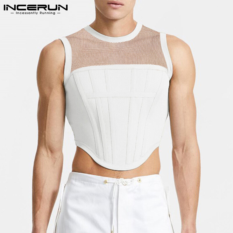 (Western Style) INCERUN Mens Sleeveless Vests Tank Muscle Fit T Shirt Crop Tops Mesh See Through Tee
