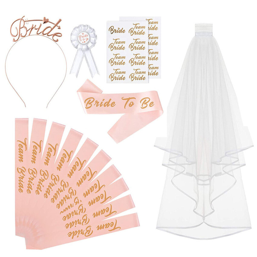 16 Pieces Bride to Be and Team Bride Sash Set with 10 Team Bride Sash, 1 Bride Sash, Veil, Badge, Tiara, Tattoos, JGA Accessories Women for Hen Party