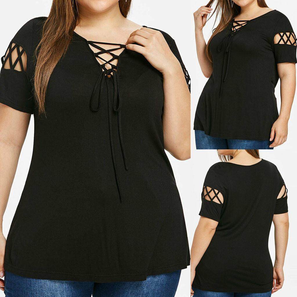 Ukuran Ukuran Besar Musim Panas Blus Fashion Wanita Santai Hollow Out T-shirt Solid V-Leher Lengan Pendek Perban T baju Kaos Kemeja Tshirts Atasan untuk Wanita