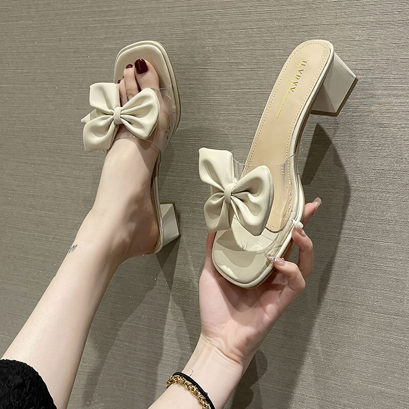 QiaoYiLuo Sandals and slippers women's new net red bow shoes fashion chunky heel mid-heel slipper women's outerwear