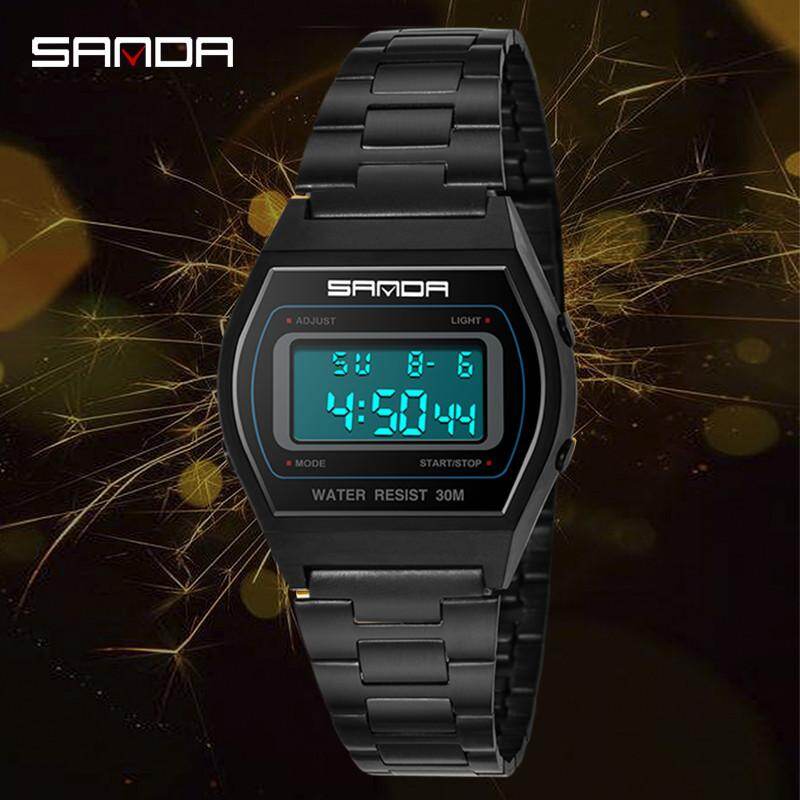 SANDA Brand Men's Fashion Watch Stainless Steel Strap Luxury Quartz Watch LED Digital Display Waterproof Multi-function Men Watch