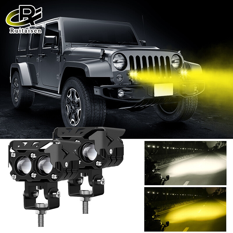 Dual color led projector lens Motorcycle Spotlight Double lenses LED Work Light Yellow White color Headlight
